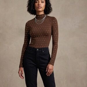 H&M Studded Mock Turtleneck Top Long Sleeve Brown Size XS